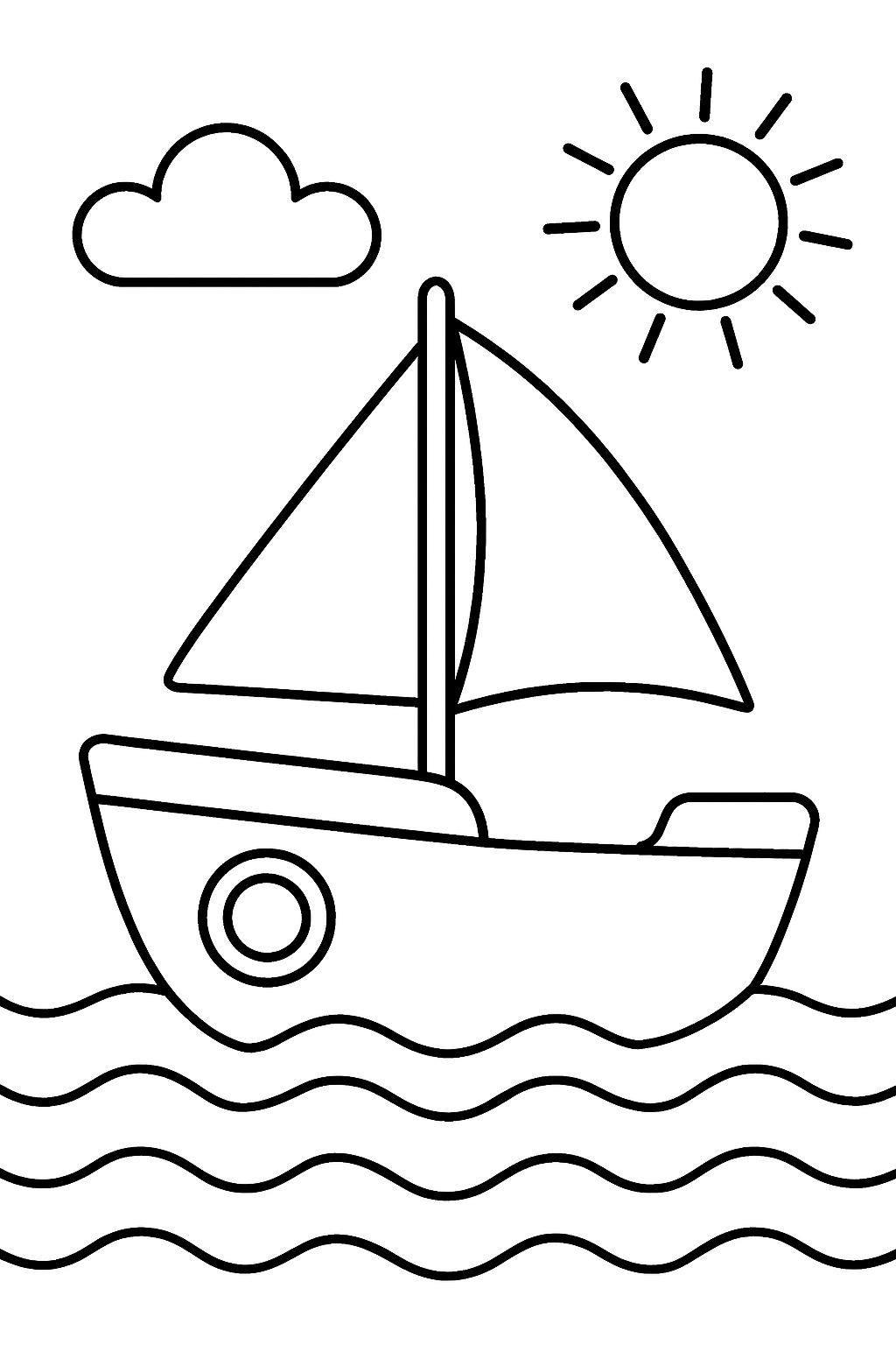 boat scene coloring page with printable black and white line art.