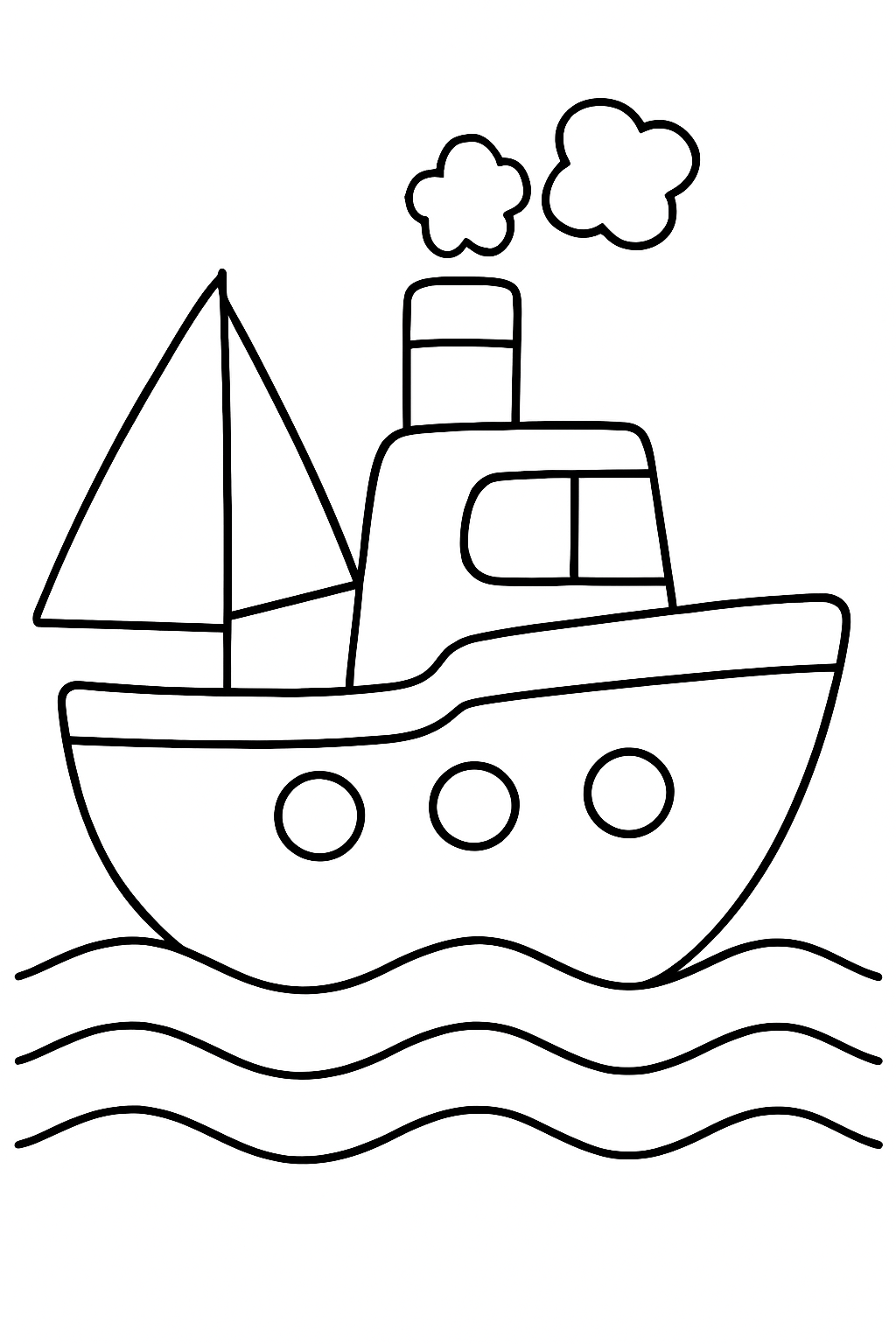 boat coloring page with printable black and white line art.