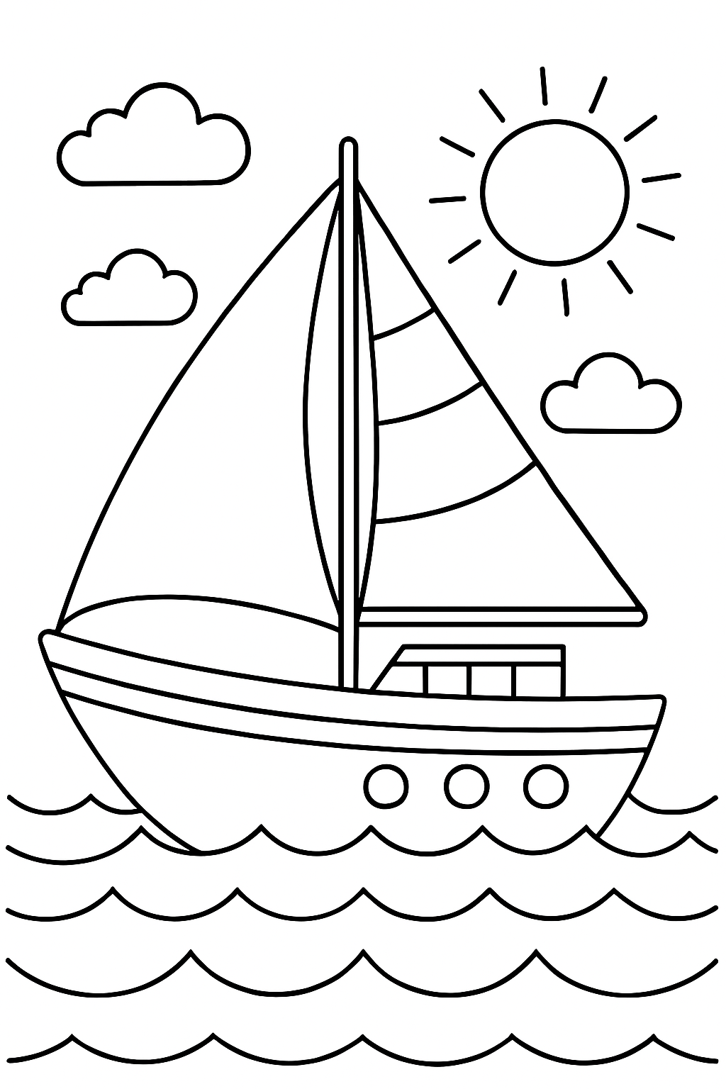 boat coloring page with printable black and white line art.
