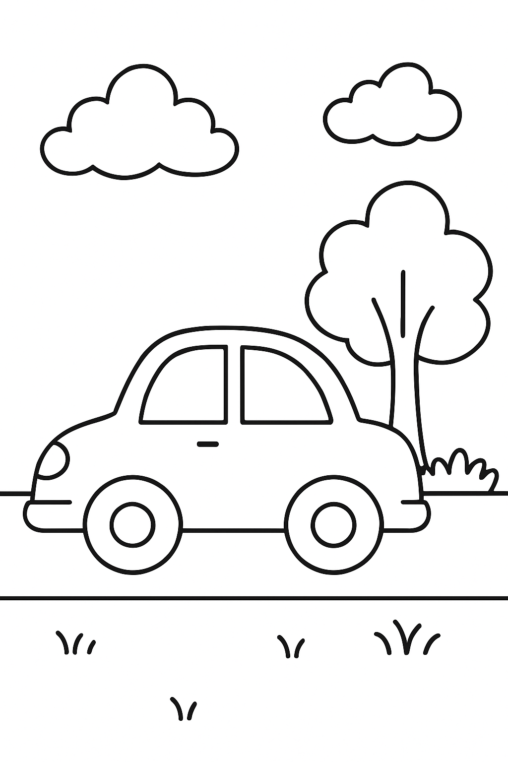 car scene coloring page with printable black and white line art.