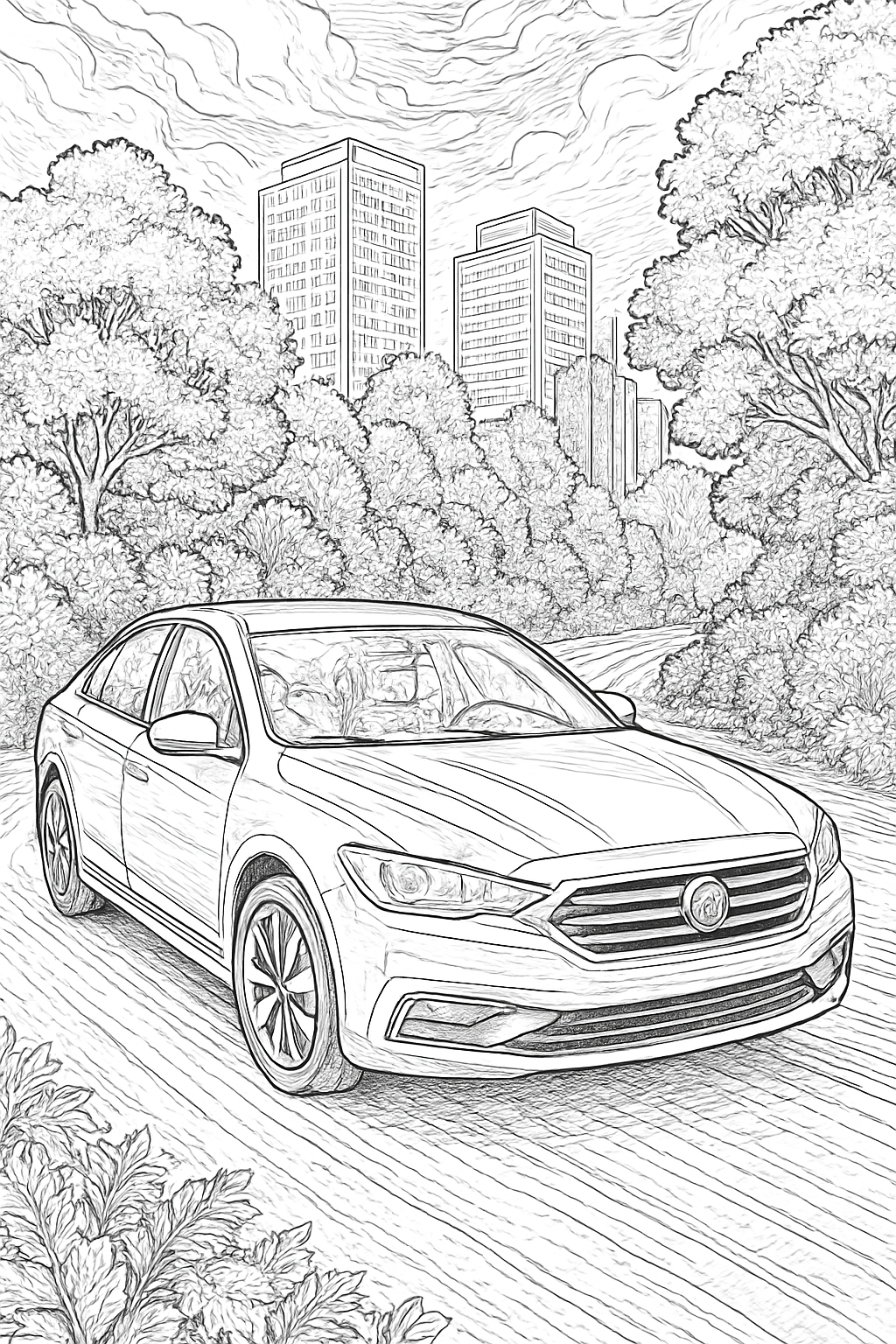 car coloring page with printable black and white line art.