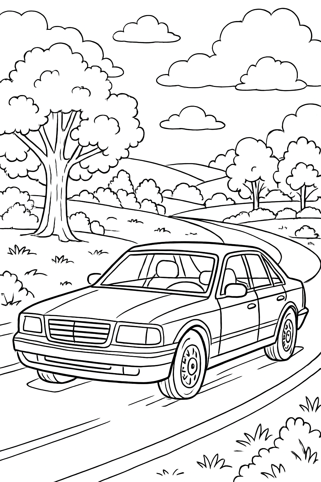 car coloring page with printable black and white line art.