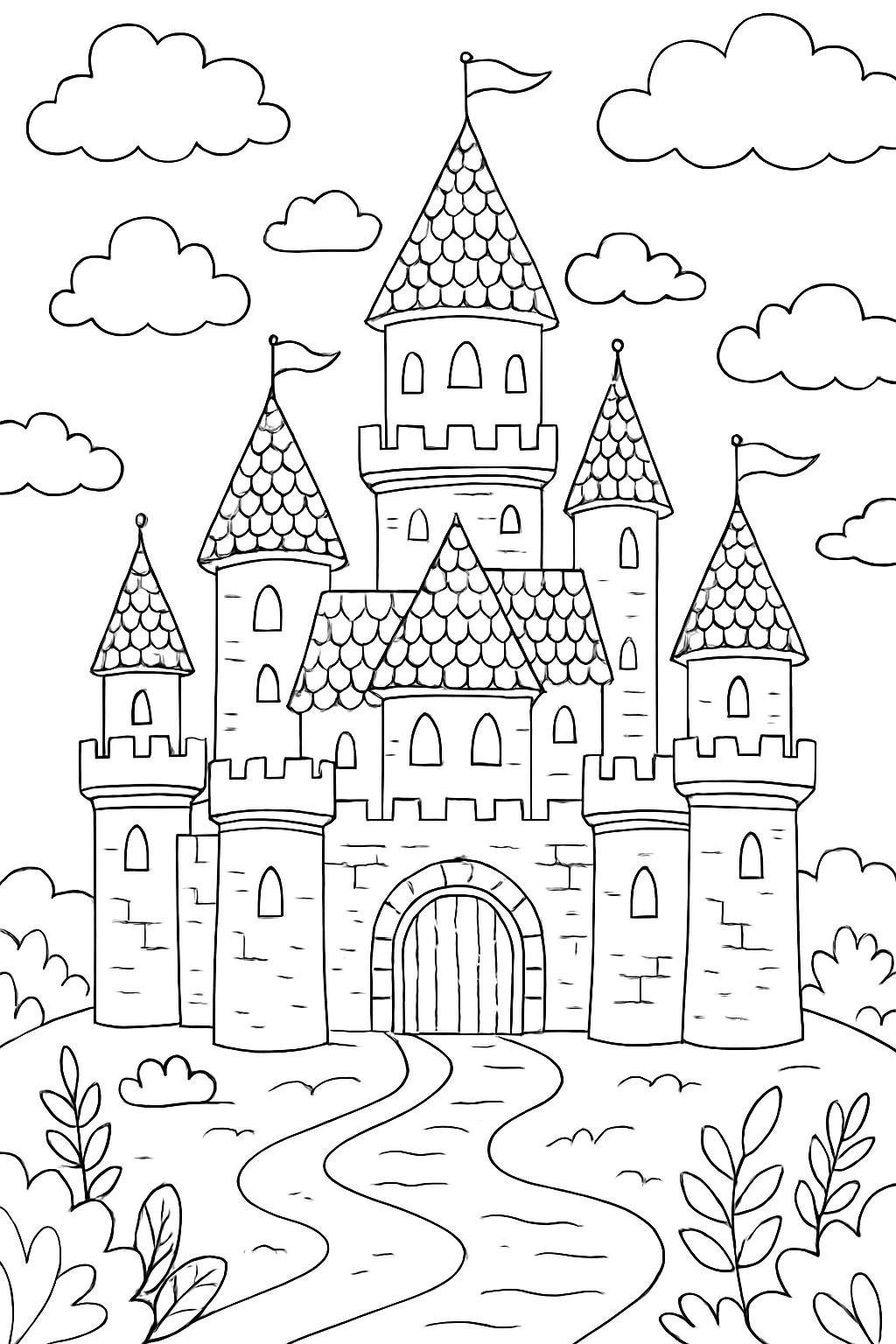 castle coloring page with printable black and white line art.