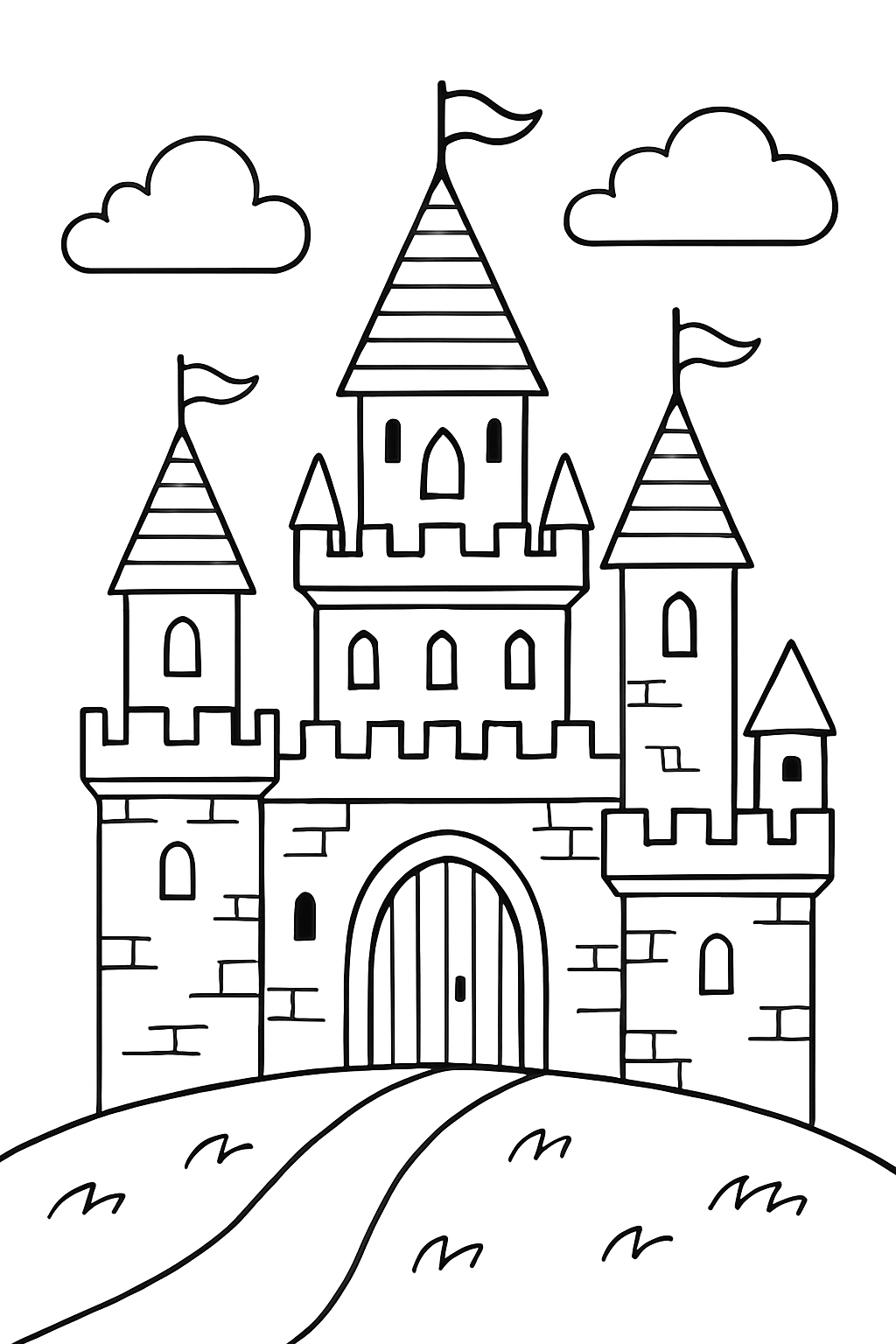 castle coloring page with printable black and white line art.