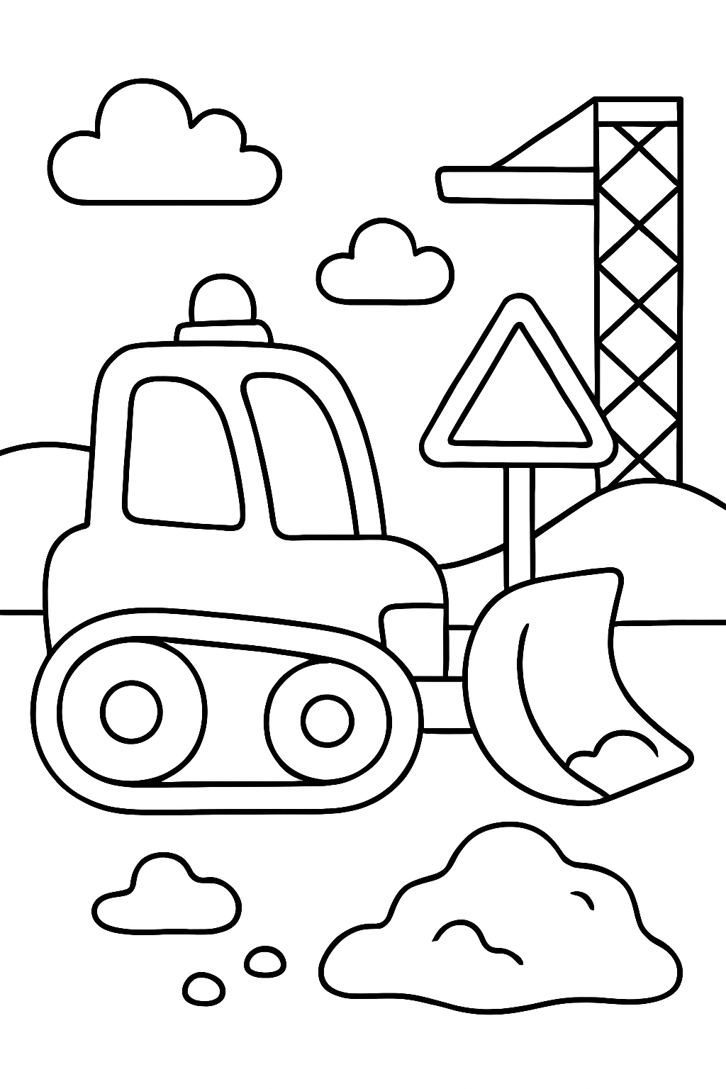 construction vehicle scene coloring page with printable black and white line art.