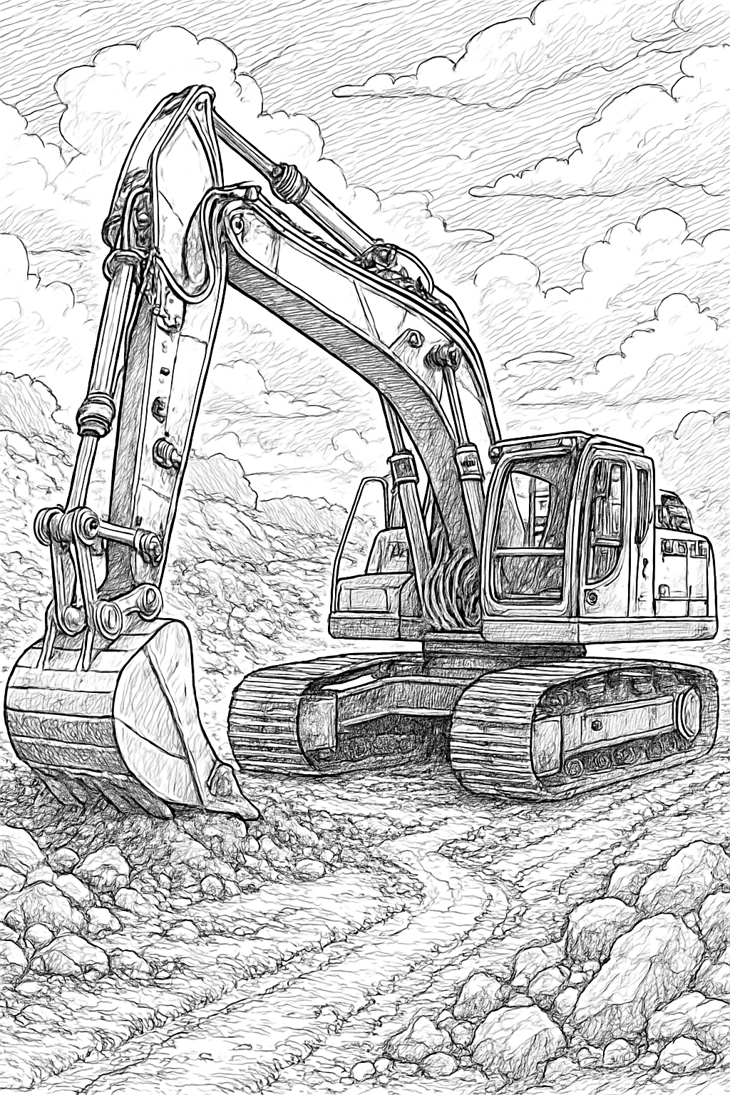 construction vehicle coloring page with printable black and white line art.