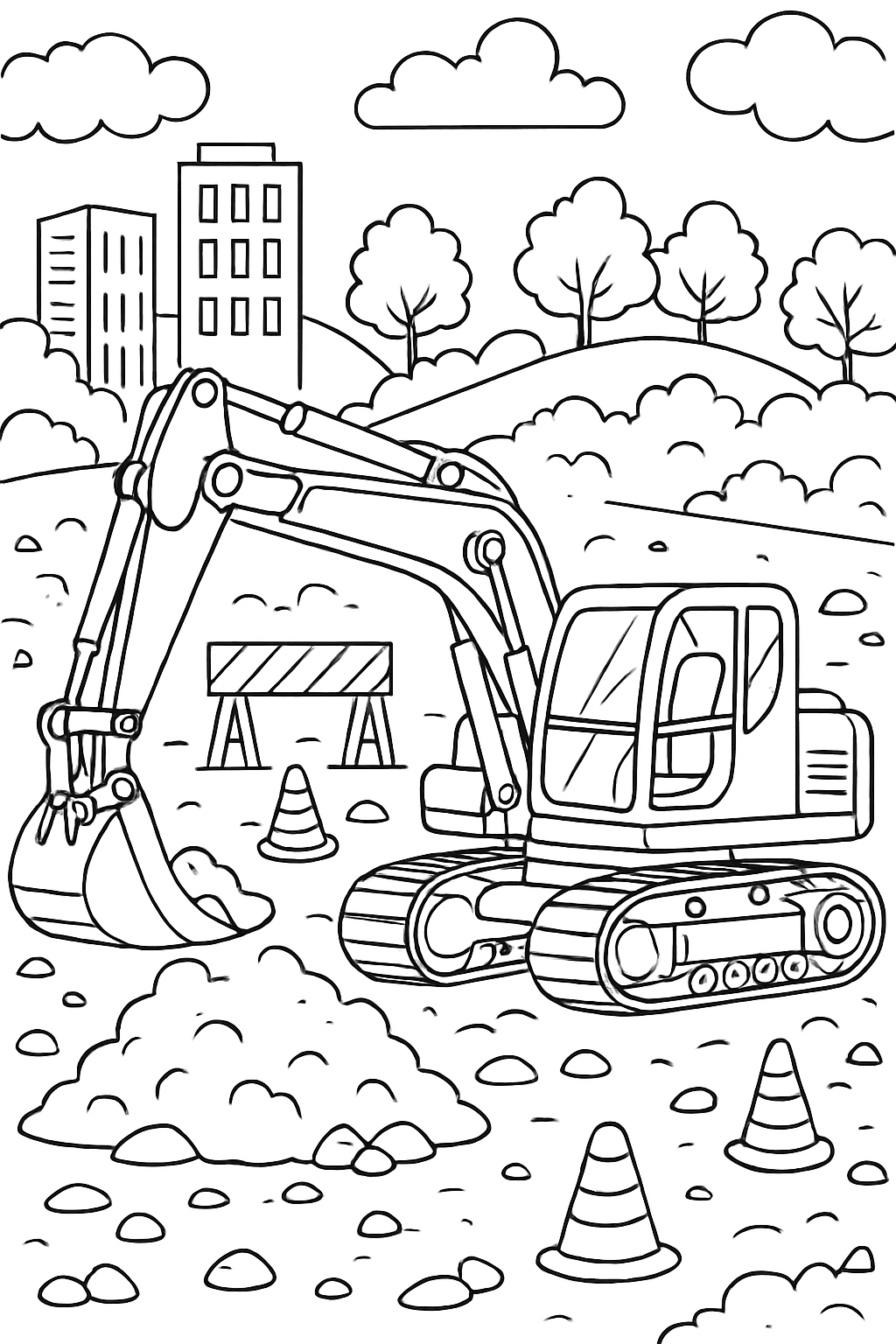 construction vehicle coloring page with printable black and white line art.