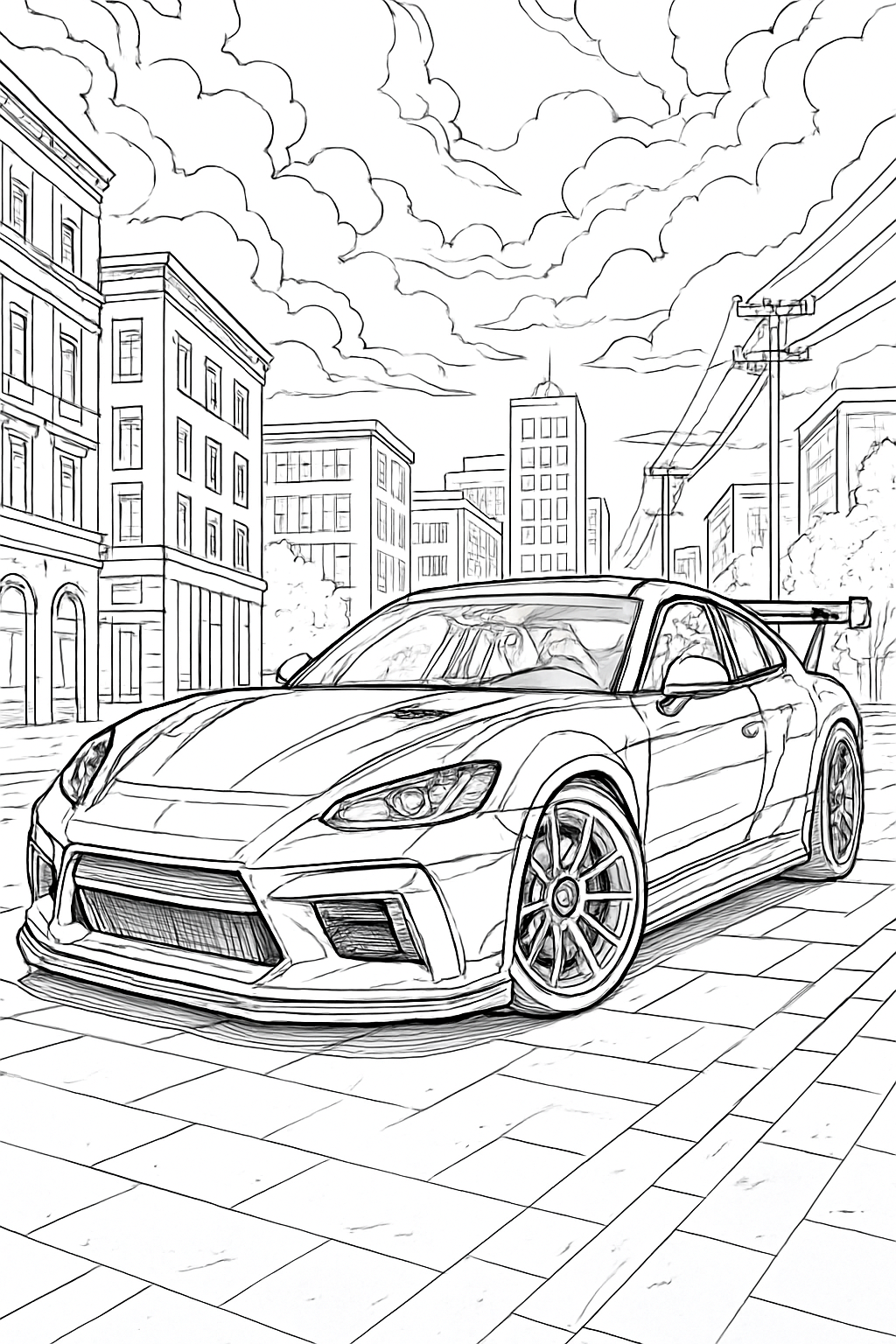 detailed car coloring page with printable black and white line art.