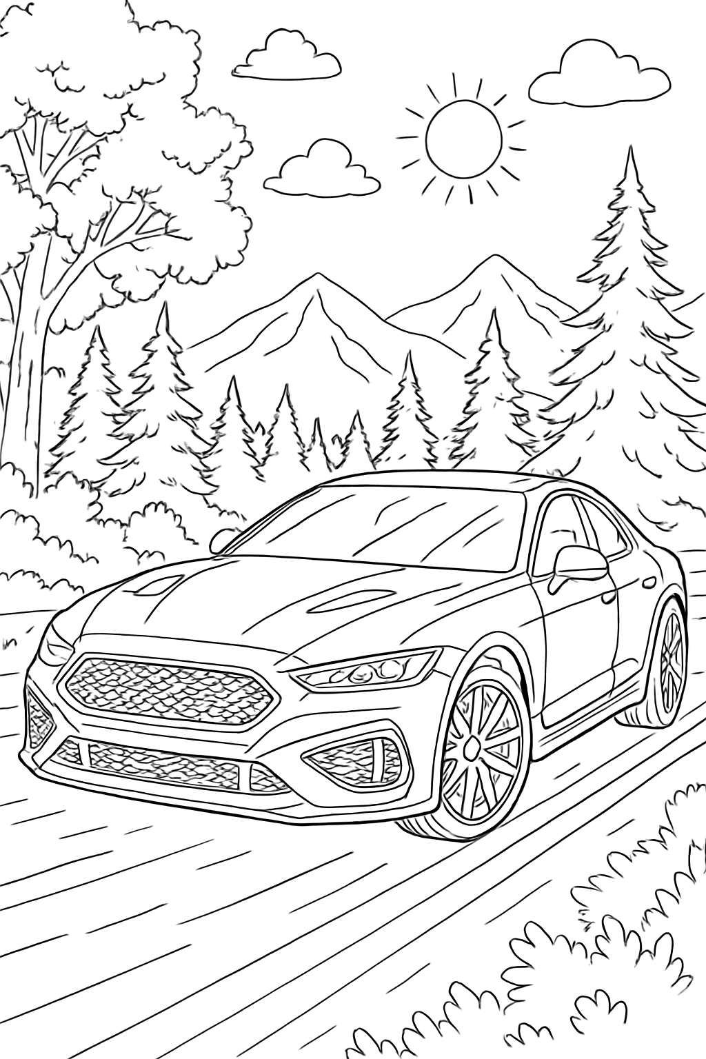 detailed car coloring page with printable black and white line art.