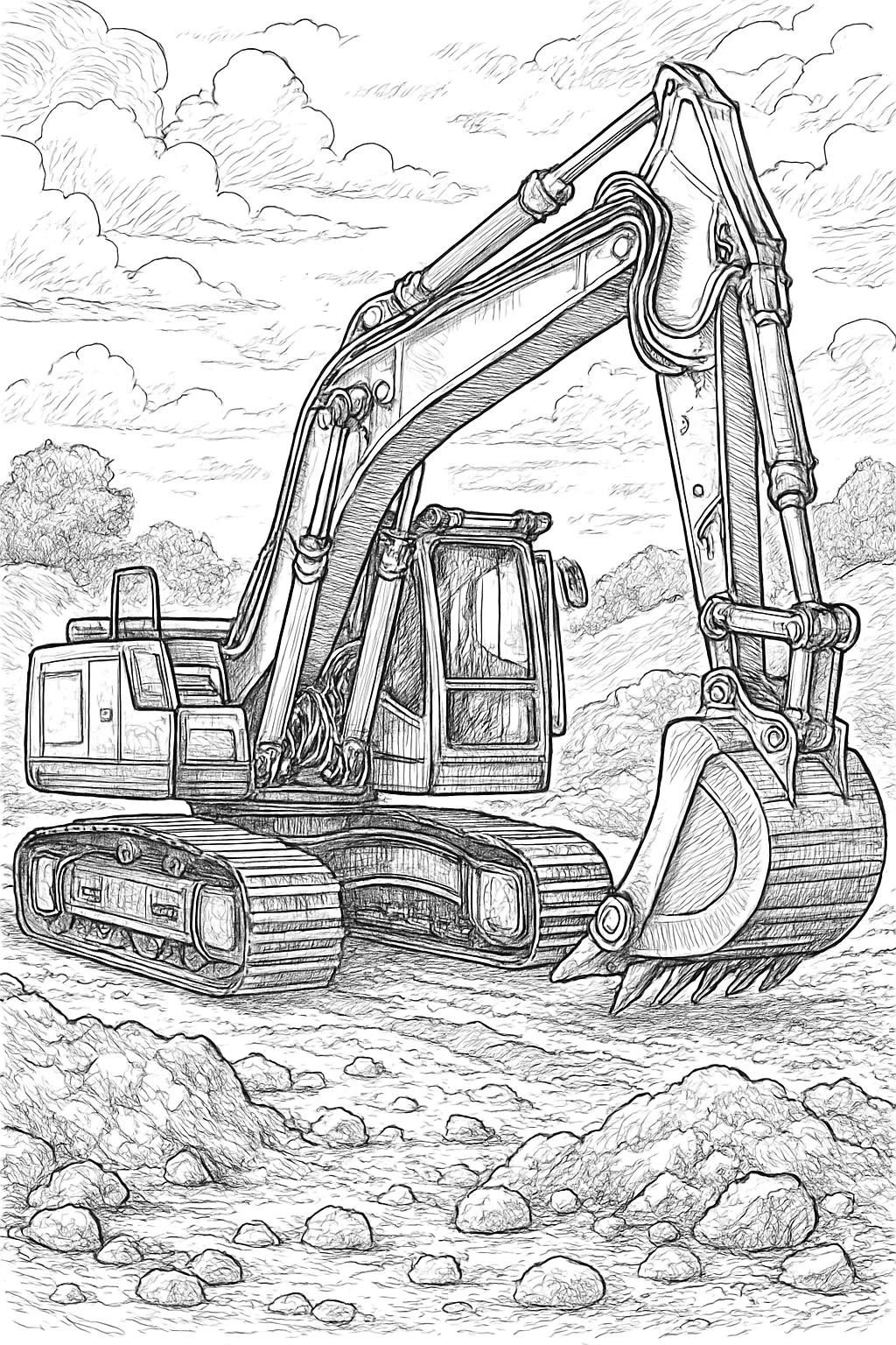 detailed construction vehicle coloring page with printable black and white line art.