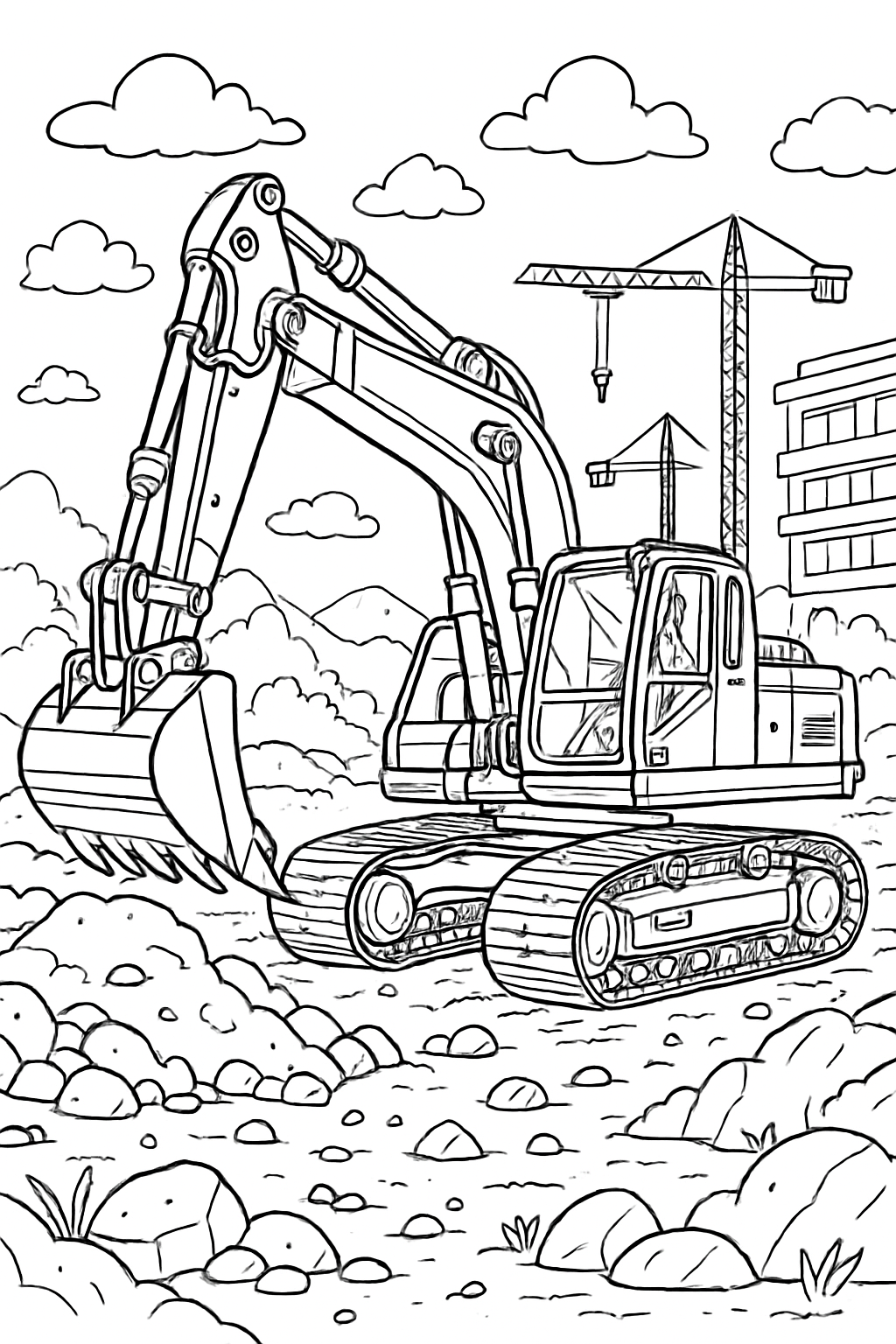 detailed construction vehicle coloring page with printable black and white line art.