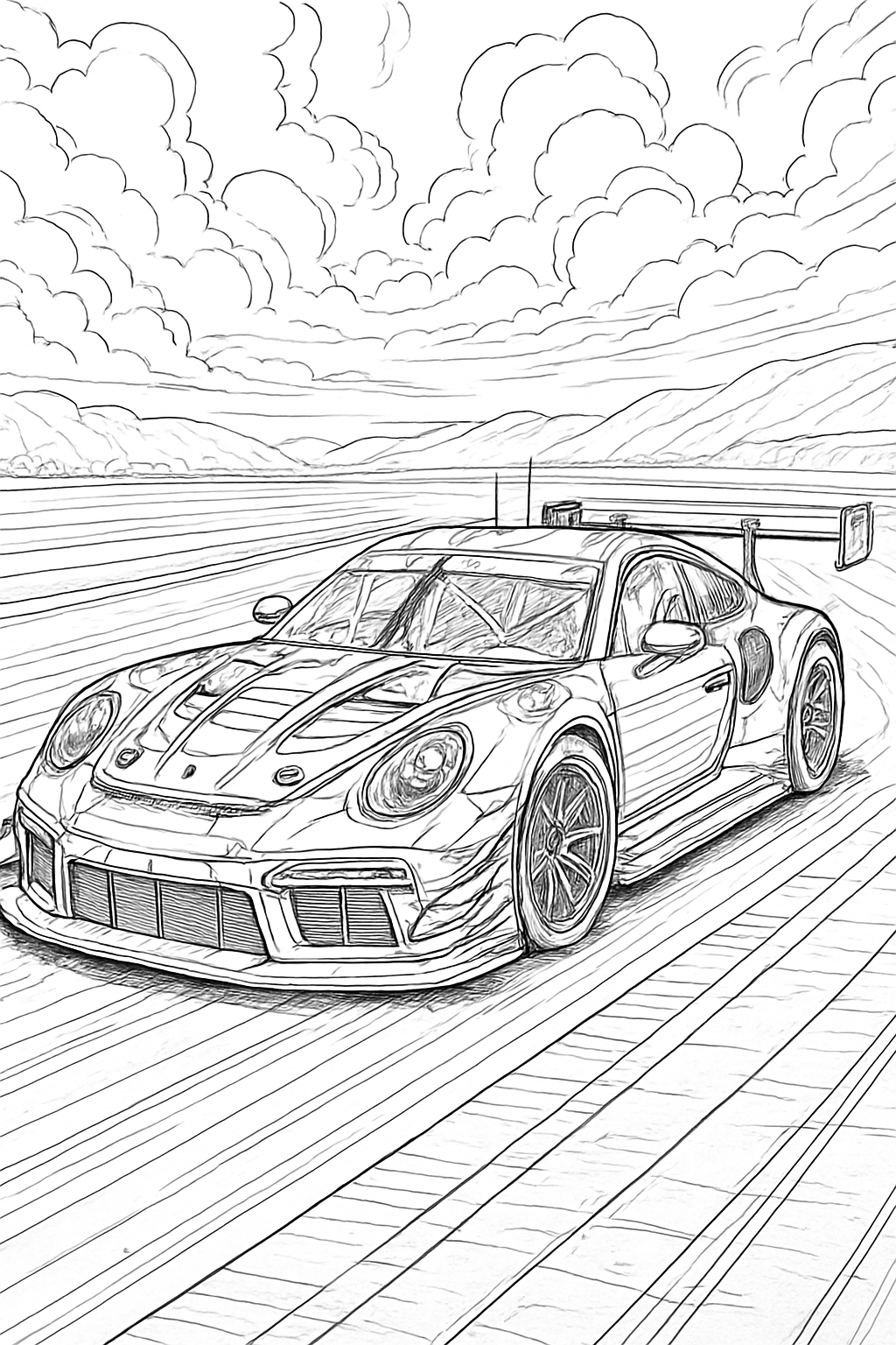 detailed race car coloring page with printable black and white line art.