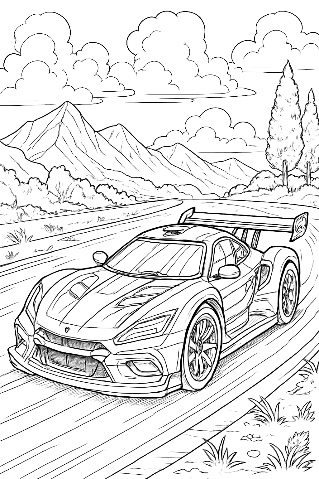 detailed race car coloring page with printable black and white line art.