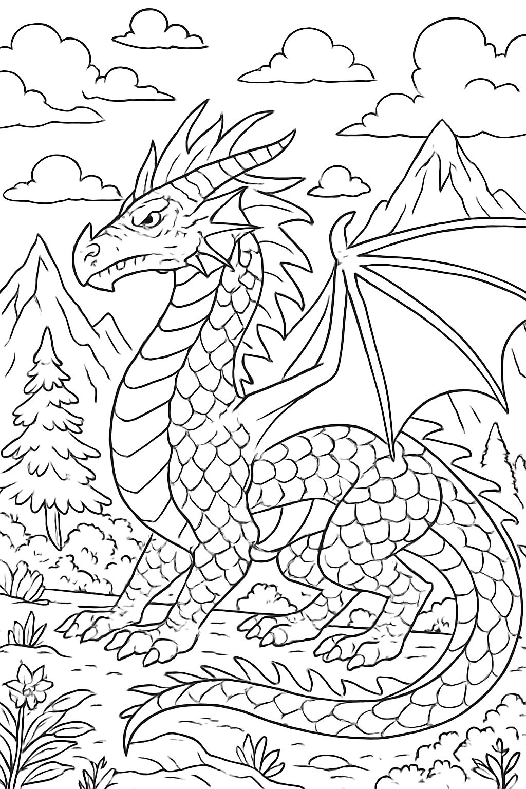 dragon coloring page with printable black and white line art.