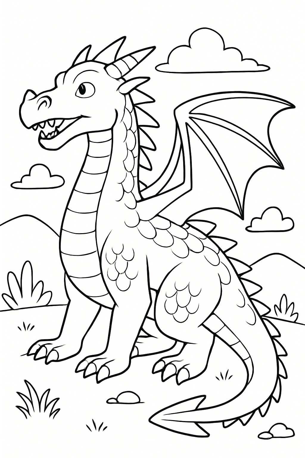 dragon coloring page with printable black and white line art.