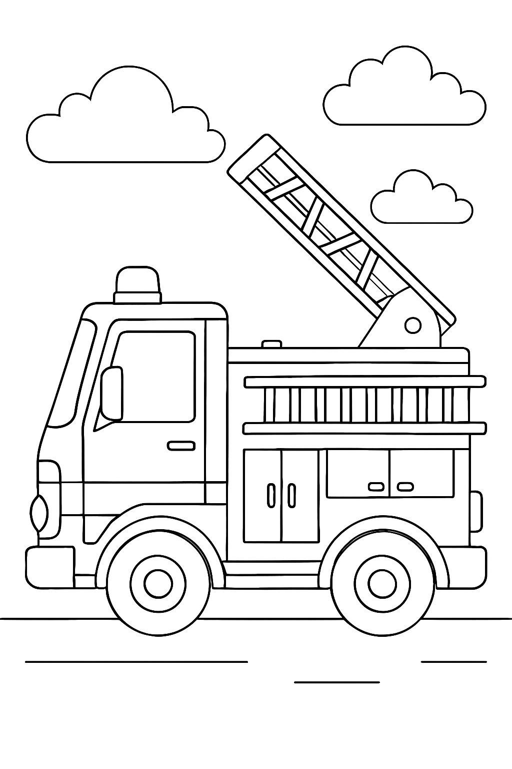 fire truck coloring page with printable black and white line art.
