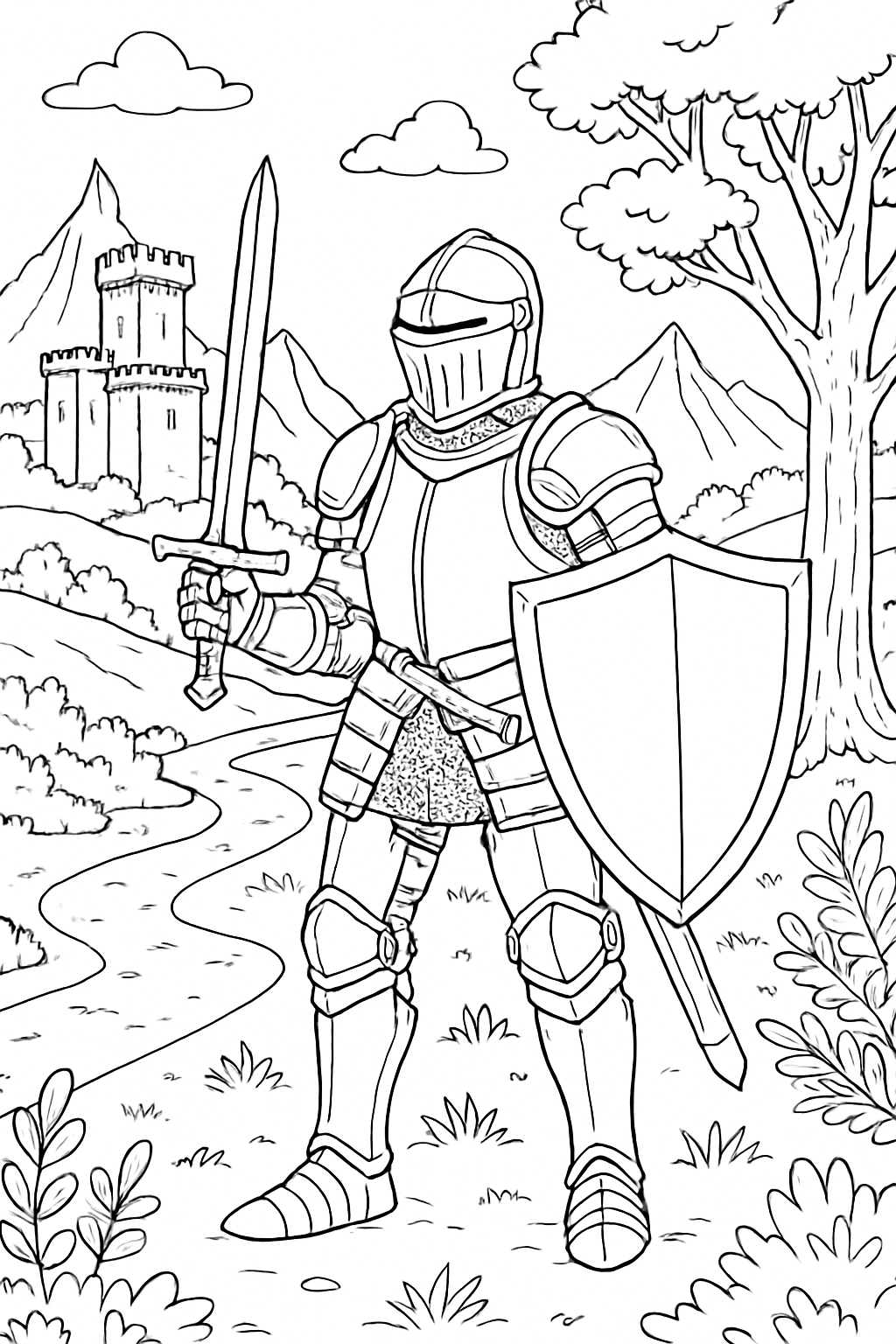 knight coloring page with printable black and white line art.