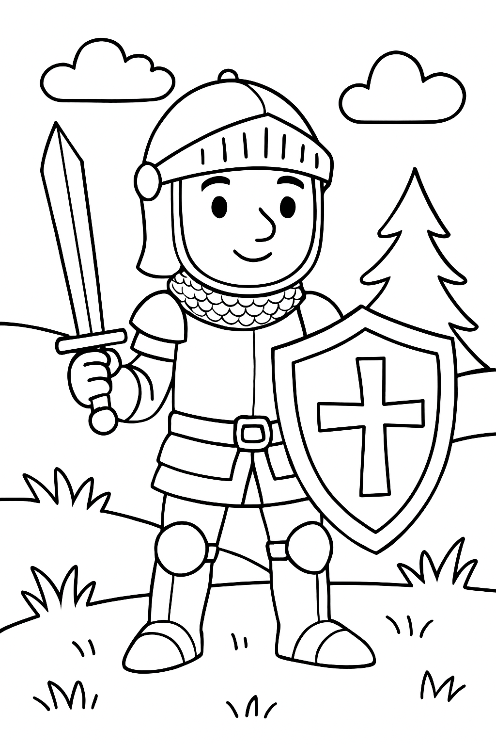 knight coloring page with printable black and white line art.