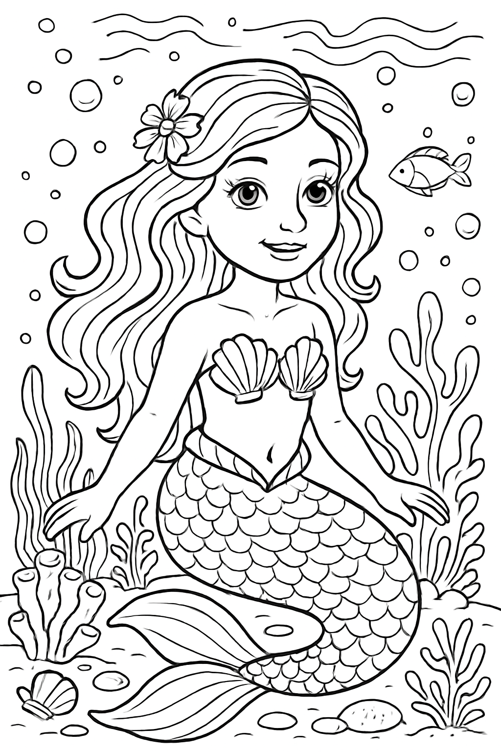 mermaid coloring page with printable black and white line art.