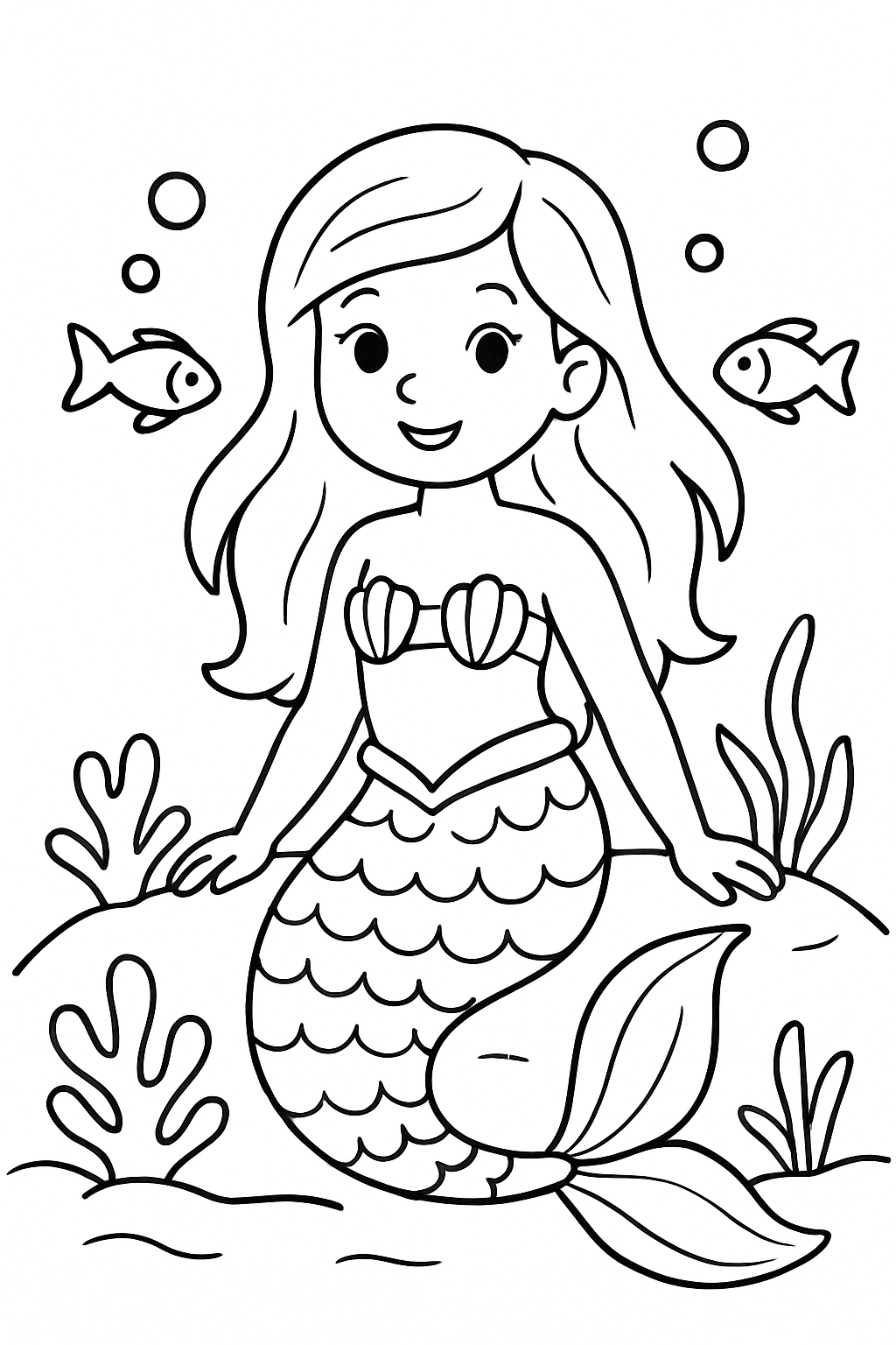 mermaid coloring page with printable black and white line art.