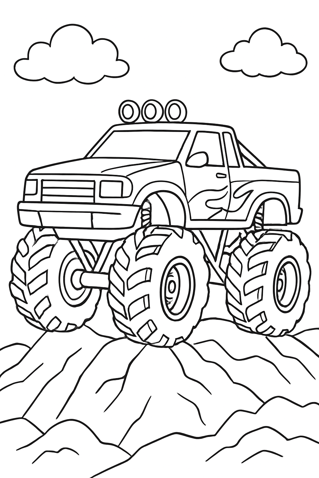 monster truck coloring page with printable black and white line art.