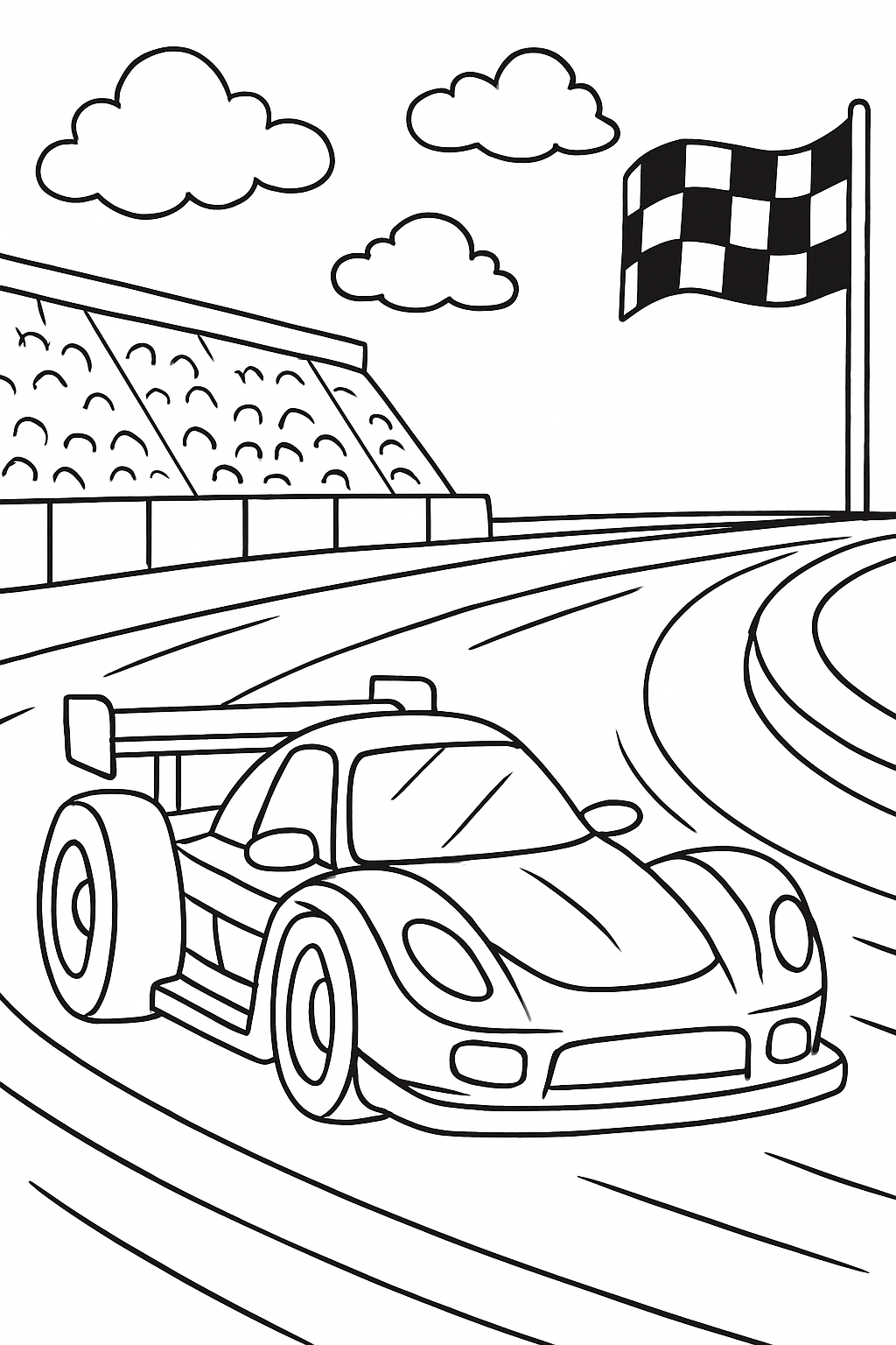 race car scene coloring page with printable black and white line art.