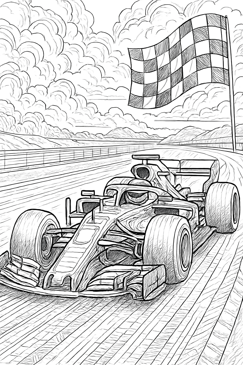 race car coloring page with printable black and white line art.