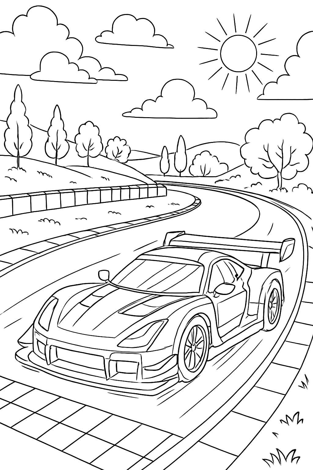 race car coloring page with printable black and white line art.