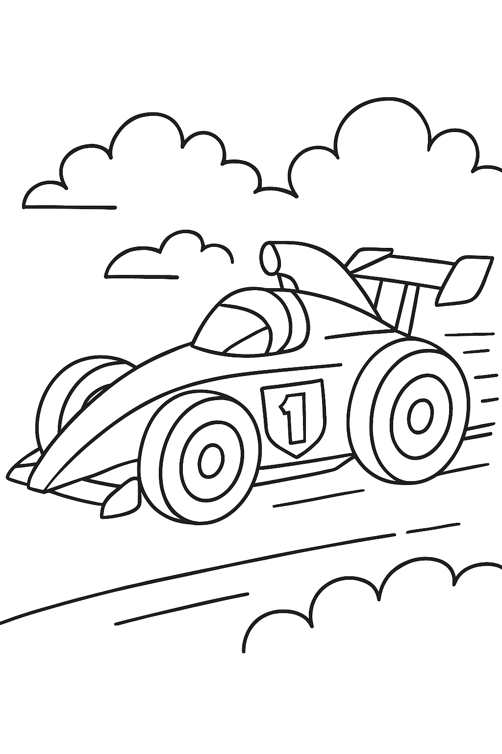 race car coloring page with printable black and white line art.