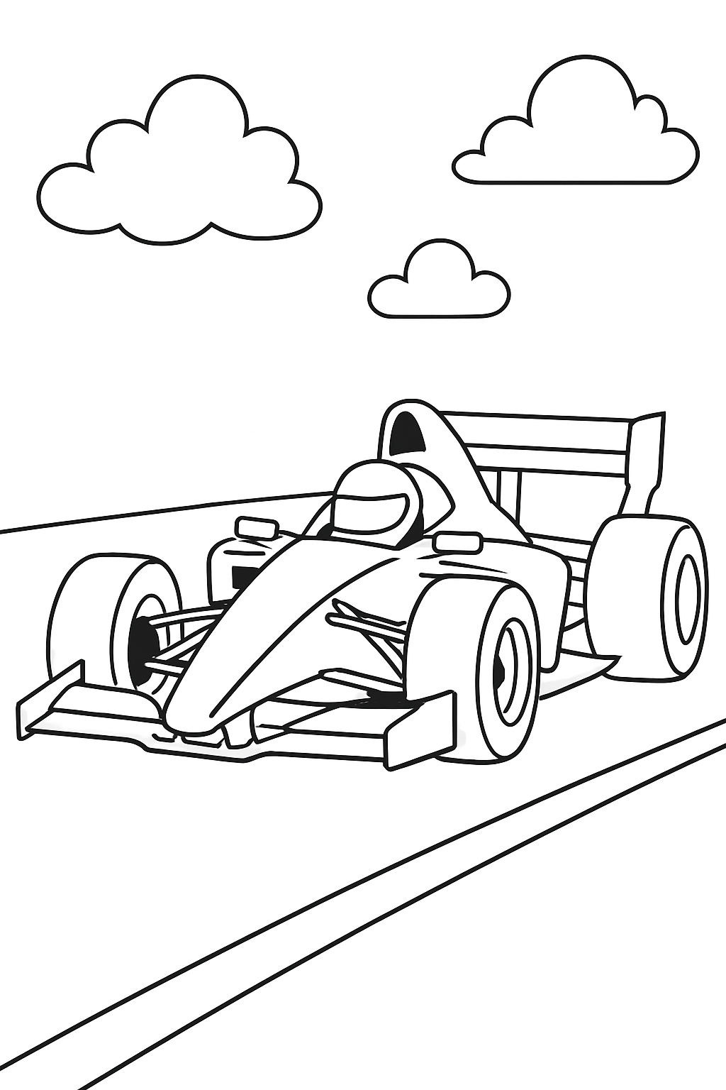 race car coloring page with printable black and white line art.