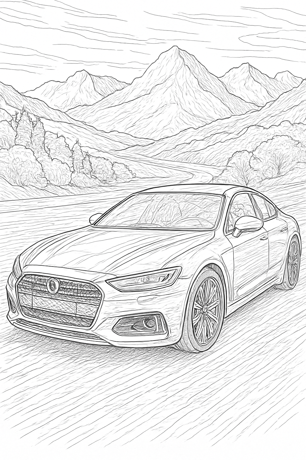 realistic car coloring page with printable black and white line art.