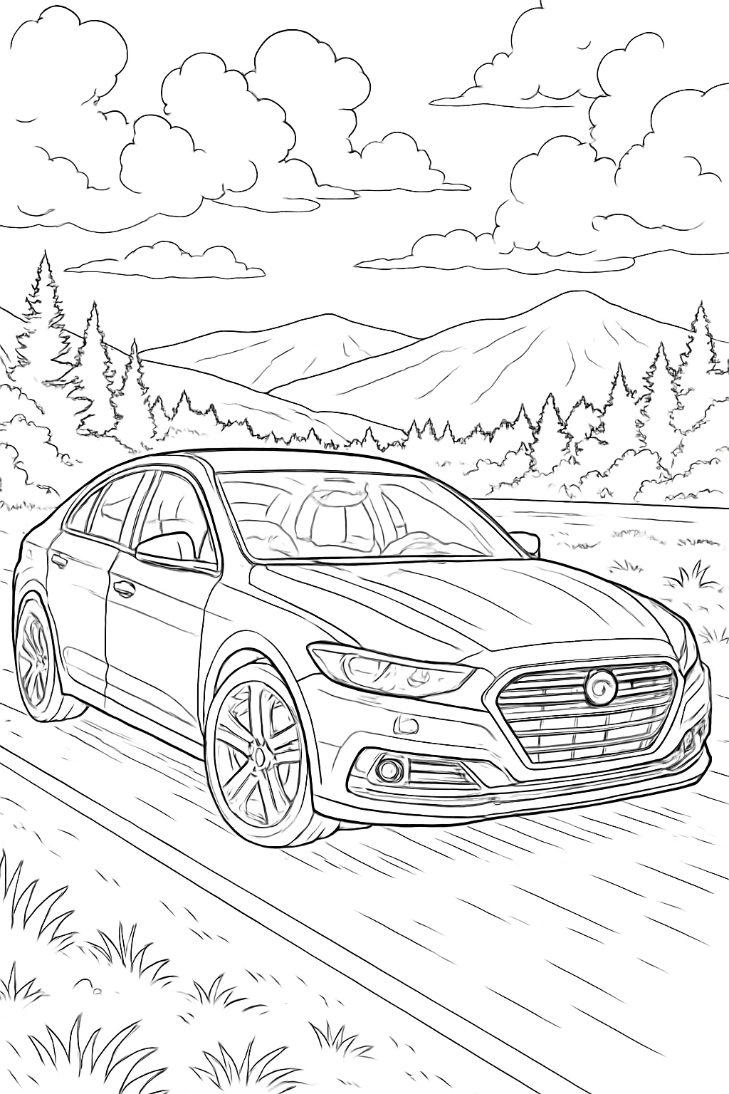 realistic car coloring page with printable black and white line art.