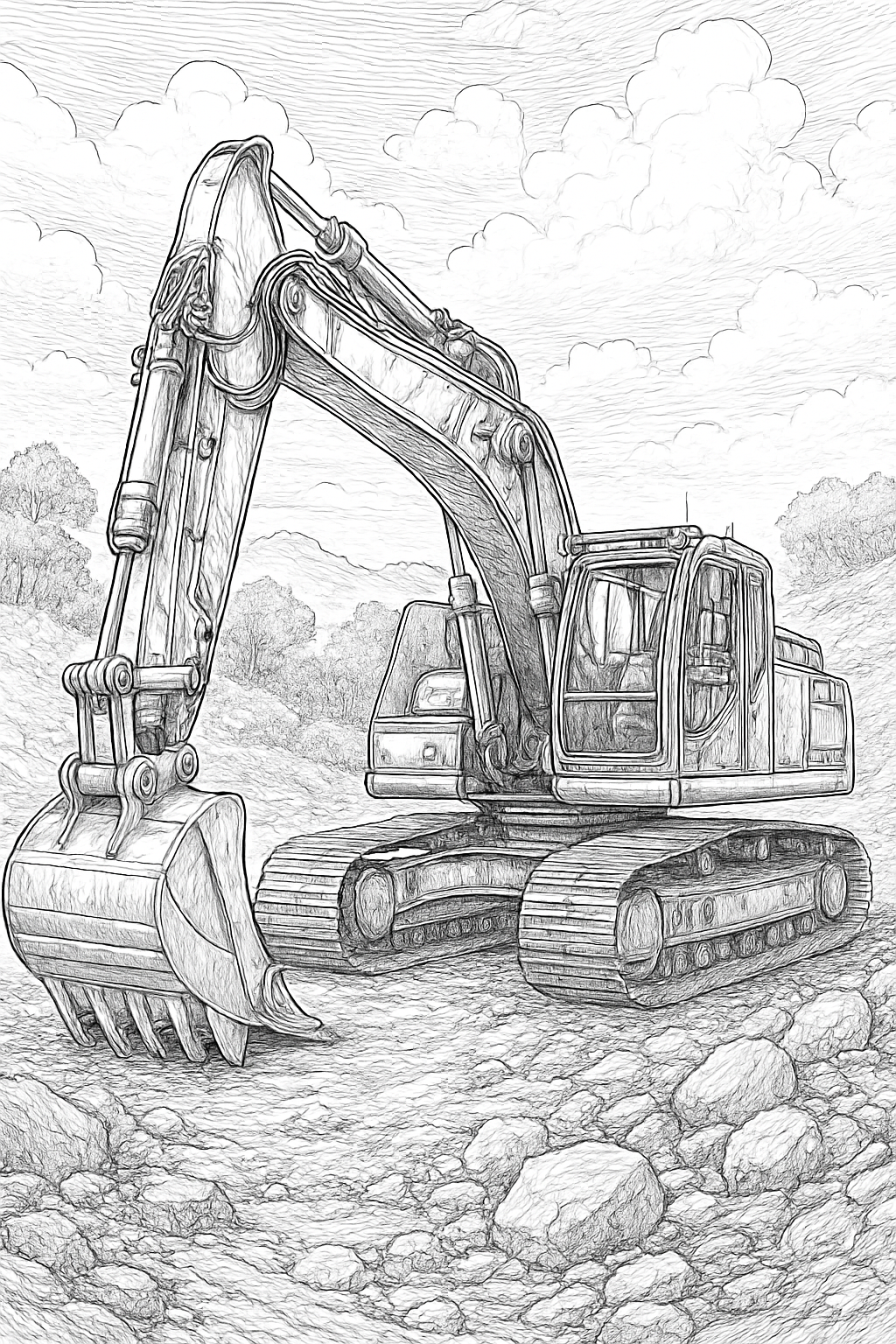 realistic construction vehicle coloring page with printable black and white line art.
