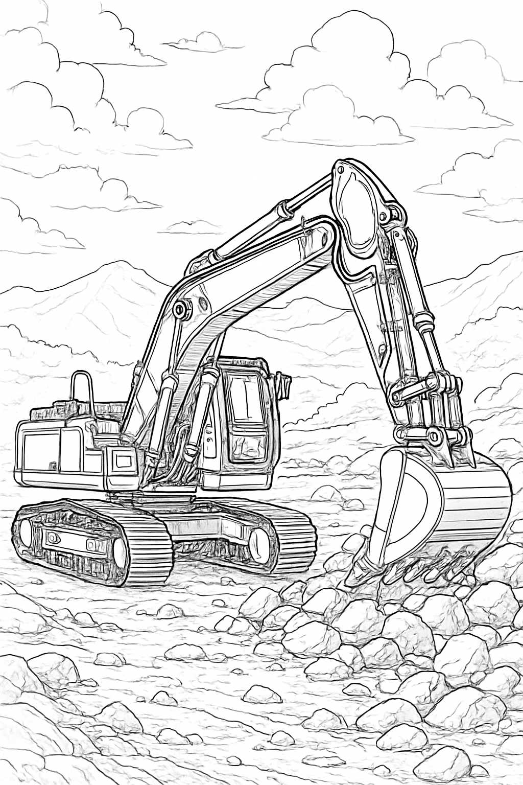realistic construction vehicle coloring page with printable black and white line art.