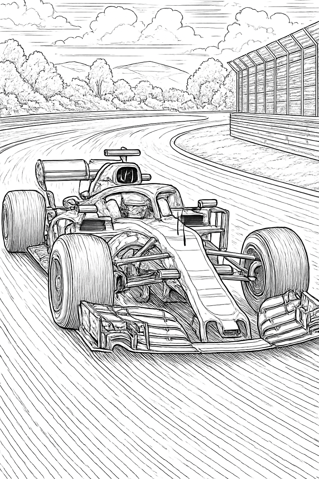 realistic race car coloring page with printable black and white line art.