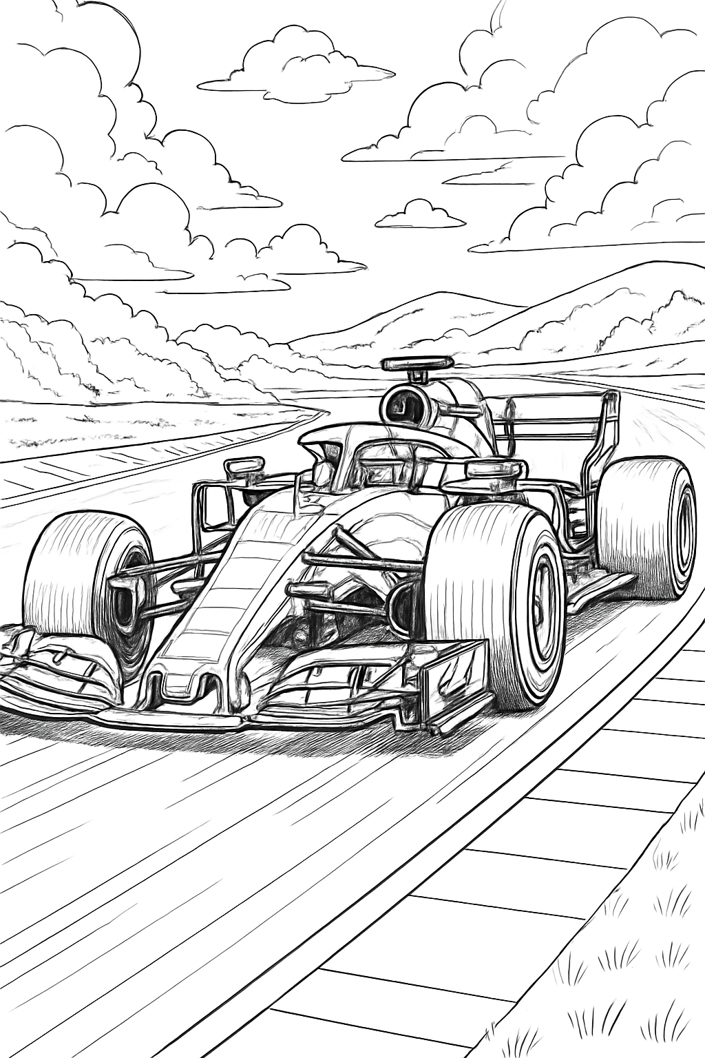 realistic race car coloring page with printable black and white line art.