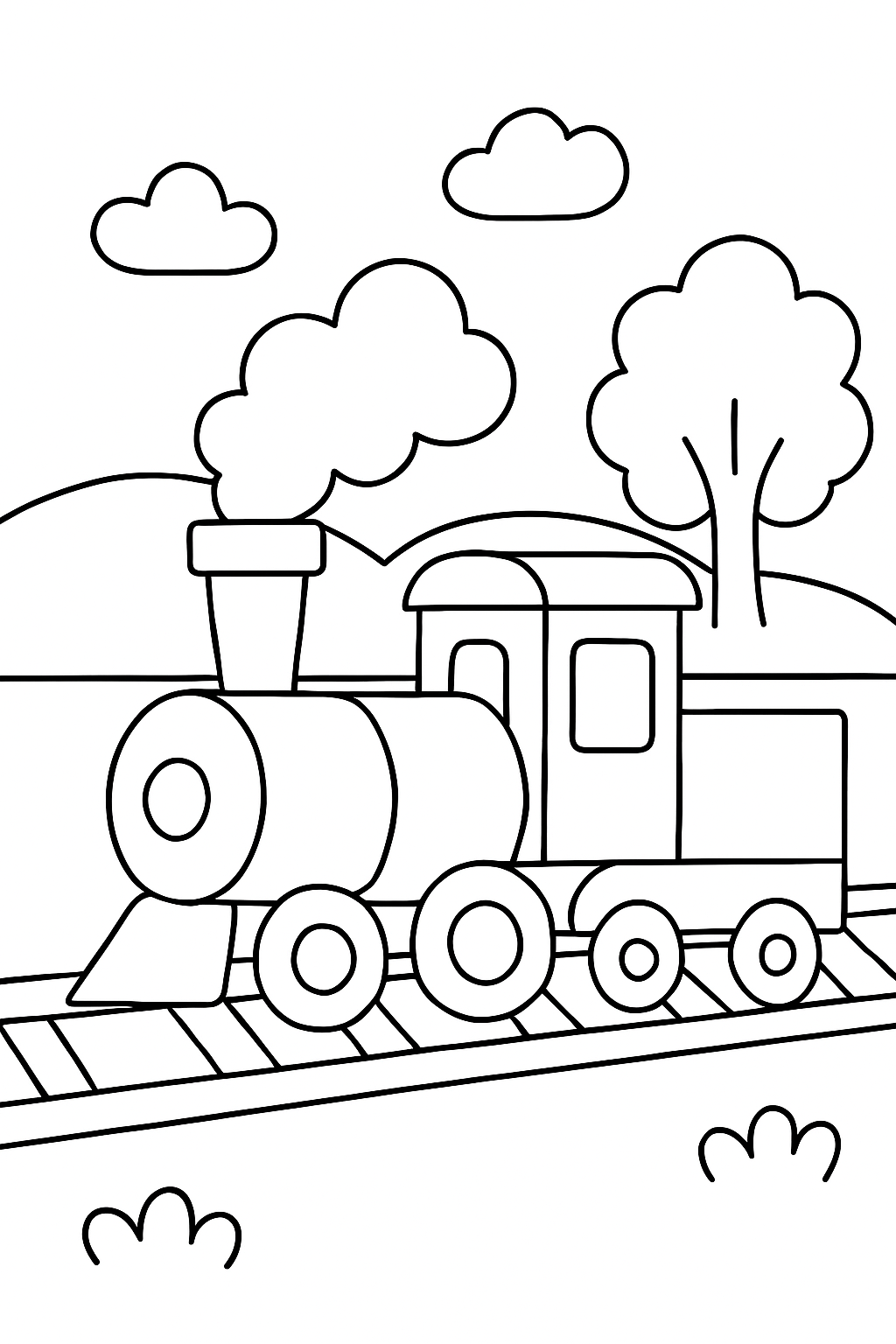 train scene coloring page with printable black and white line art.